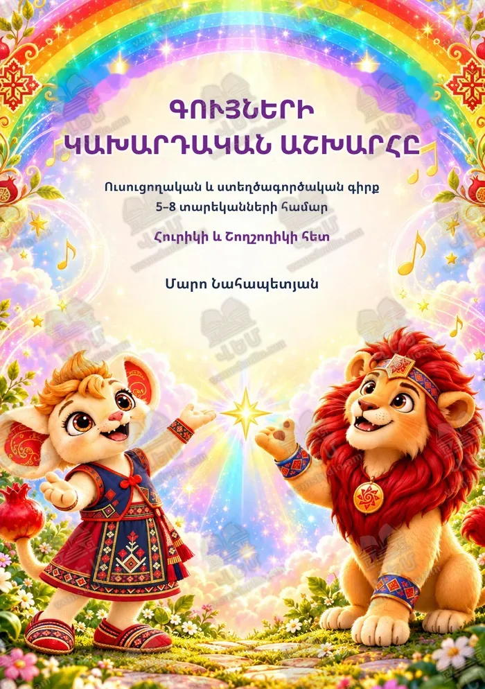 «Գույների կախարդական աշխարհը» գրքի շապիկը՝ Հուրիկն ու Շողշողիկը ծիածանի տակ / Cover of The Magical World of Colours with Hurik and Shoghshoghik under a rainbow